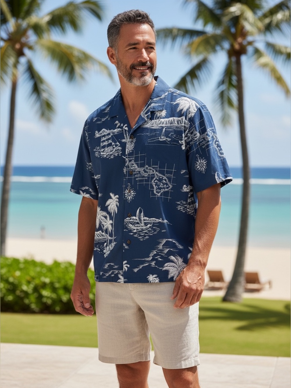 Royal Creations Hawaii Aloha Camp Shirt Large Blue Island Map Hawaiian Made USA